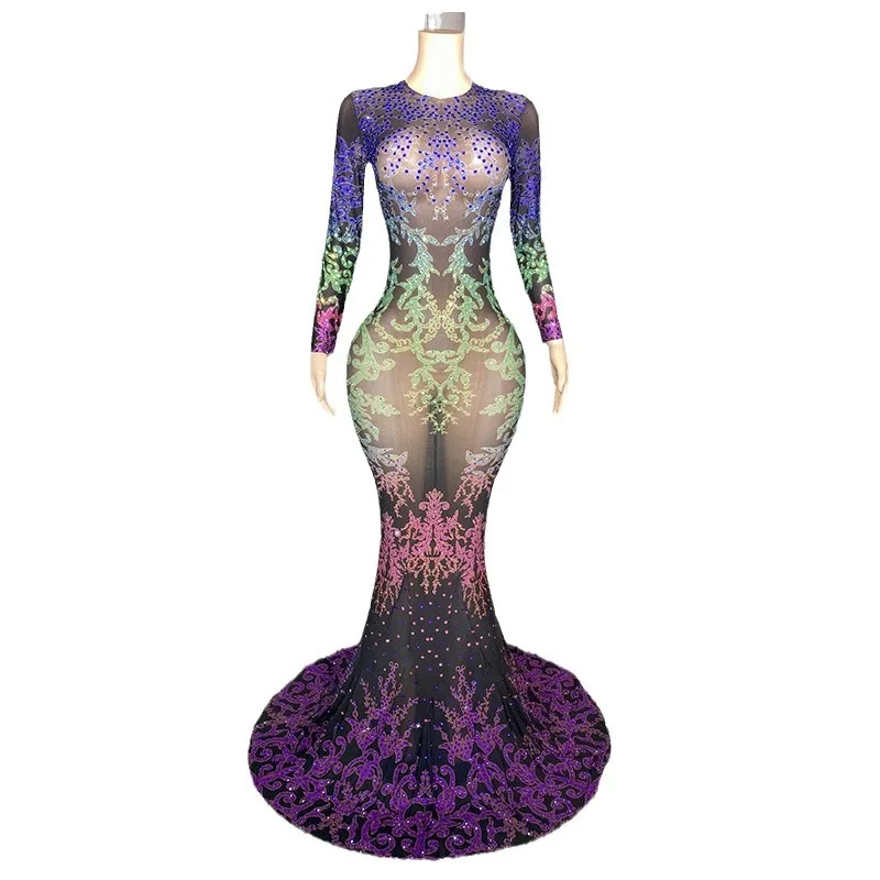 ชุดราตรีวันเกิด Rhinestone เลื่อมบาร์โฮสต์ชุดยาวชั้นนักร้องหญิงประสิทธิภาพชุดราตรีเสื้อคลุมสีม่วง Luxe Cérémonie