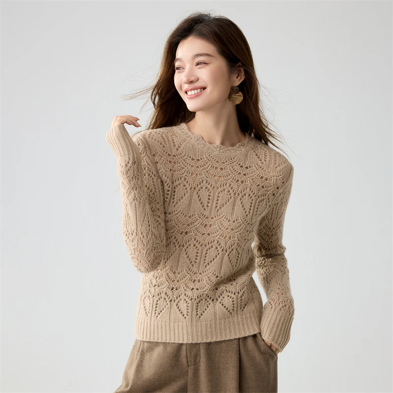 Women's 100% Cashmere Pullover Sweater O-Neck Scalloped Raw Edge Fern Leaf Openwork Jacquard minimalist office ready Knit Top
