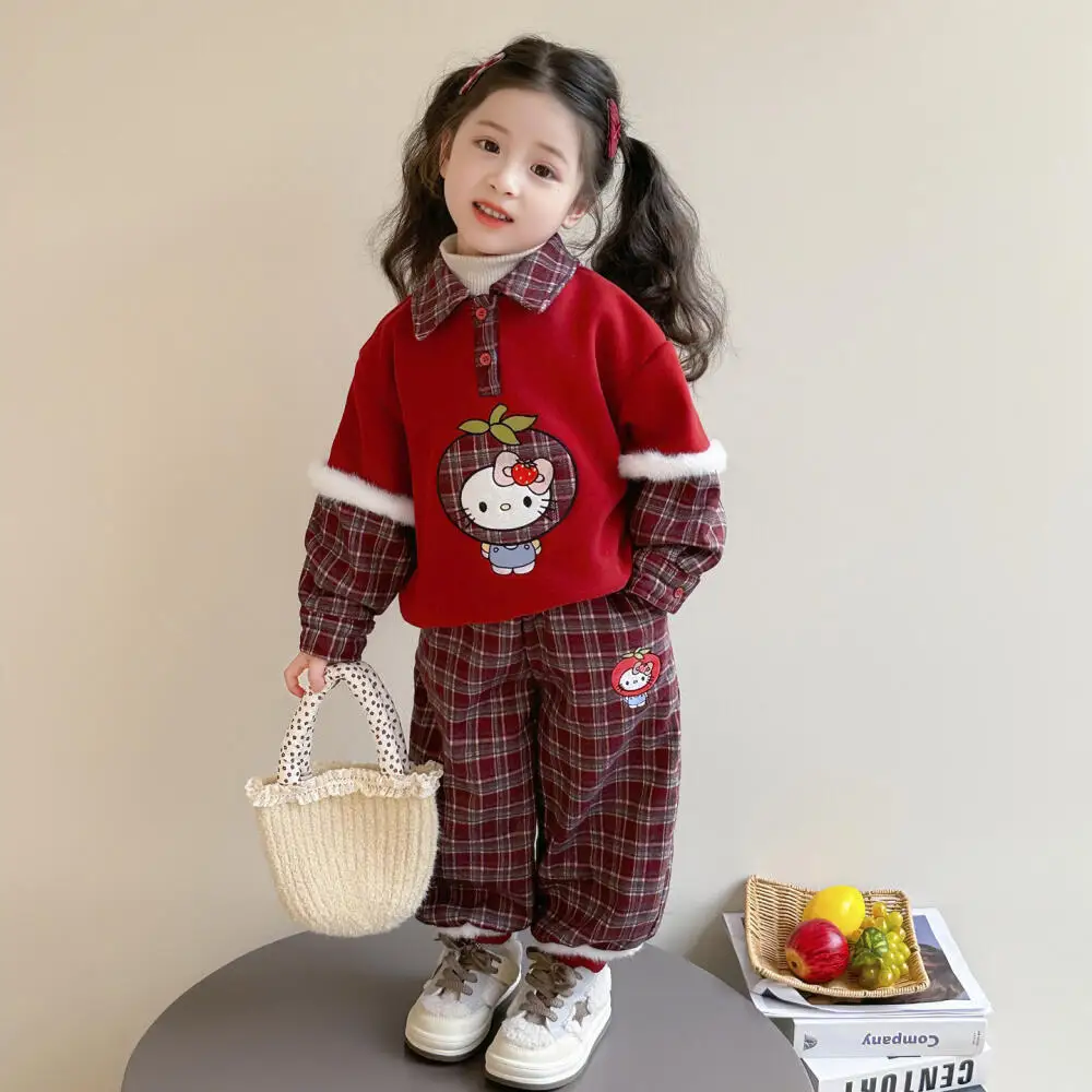 

Sanrio Hello Kitty Plaid Set for Girls Fashionable Thickened Sweatshirt Children's Clothing Casual Style Autumn Winter 2 PCs
