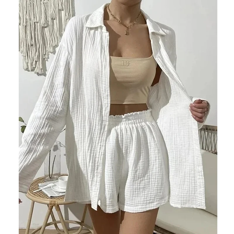 

100% Cotton Gauze Muslin Sets For Women 2 Pieces Long Sleeve Shirts And Loose High Waist Mini Shorts Sets Ensemble Femme