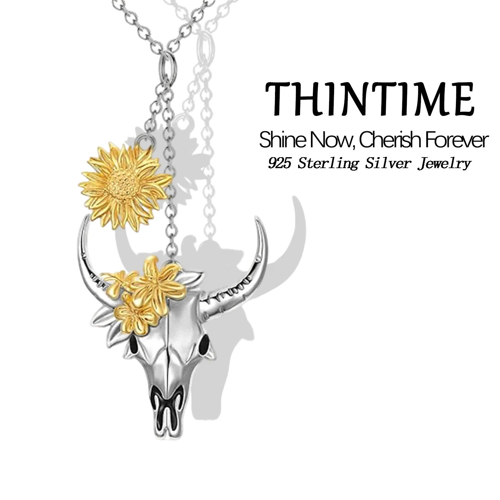 

925 Sterling Silver Bull Skull Head with Sunflower Pendant Cowgirl Cowboy Necklace Boho Western Country Jewelry Gifts for Women