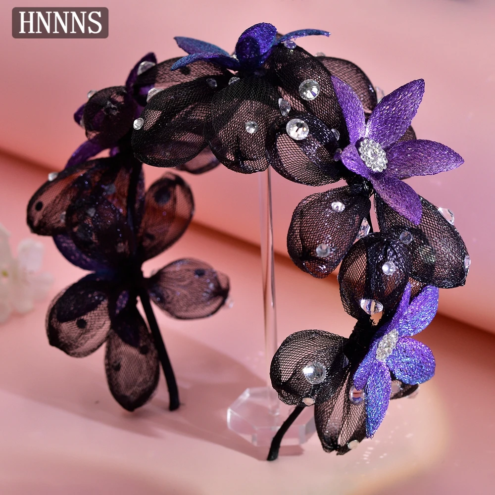 

HNNNS 3D Mesh Flowers Headband Bling Rhinestone Headpiece Handmade Woven Headdress Atmospheric Hyperbole Hair Accessories A207