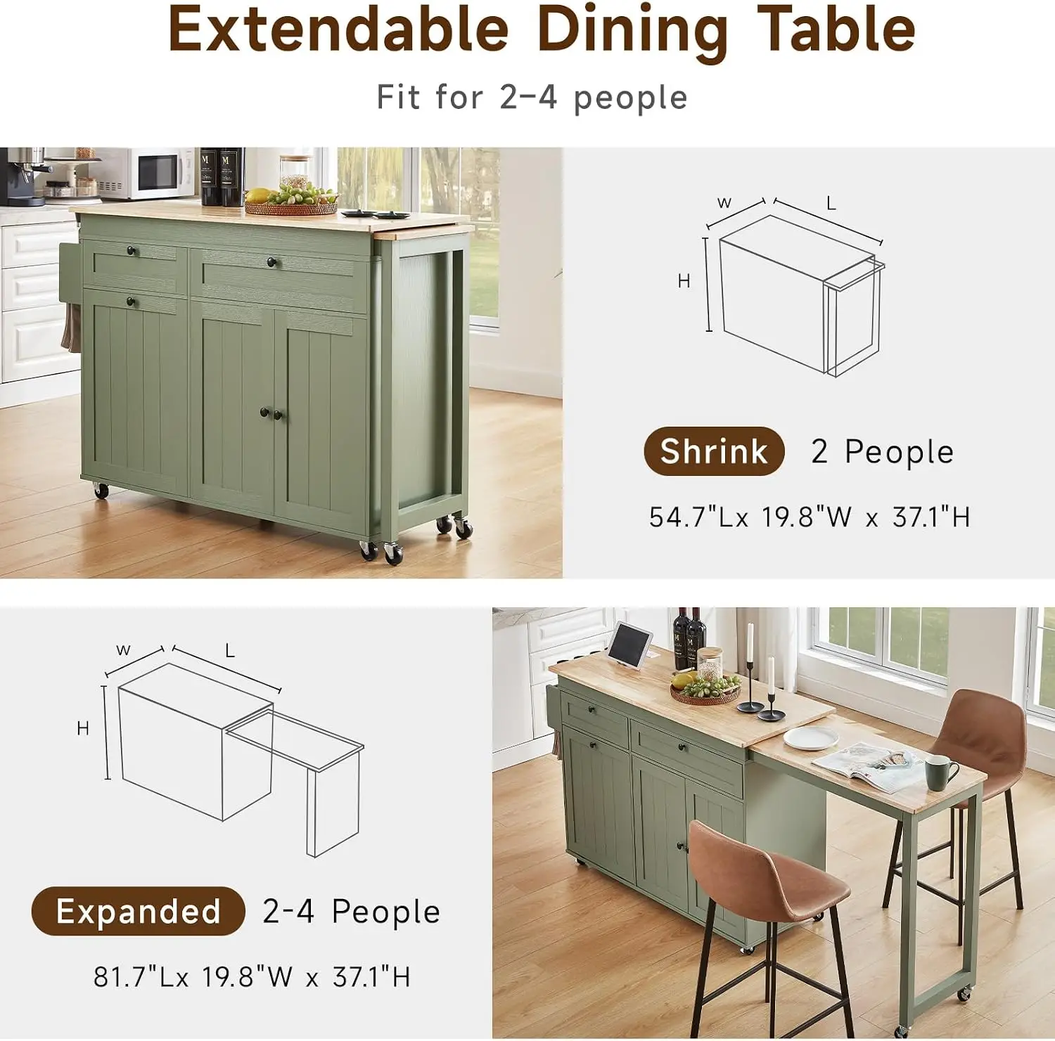Kitchen Islands with Extendable Dining Table, Mobile Storage Islands, Green | 81.7" Rolling Kitchen Cart with Trash Cabinet, Pow image 5