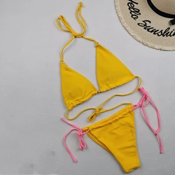 Sexy Thong Yellow Bikini 2024 Women Swimsuit Female Swimwear Strings Bikinis Set Brazilian Beach Wear Bathing Suit Biquini Black