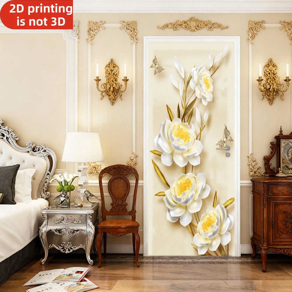 Self-adhesive Door Stickers White Roses And Butterflies Print Vinyl Fridge Cover Decal Peel and Stick Wallpaper for Home Decor