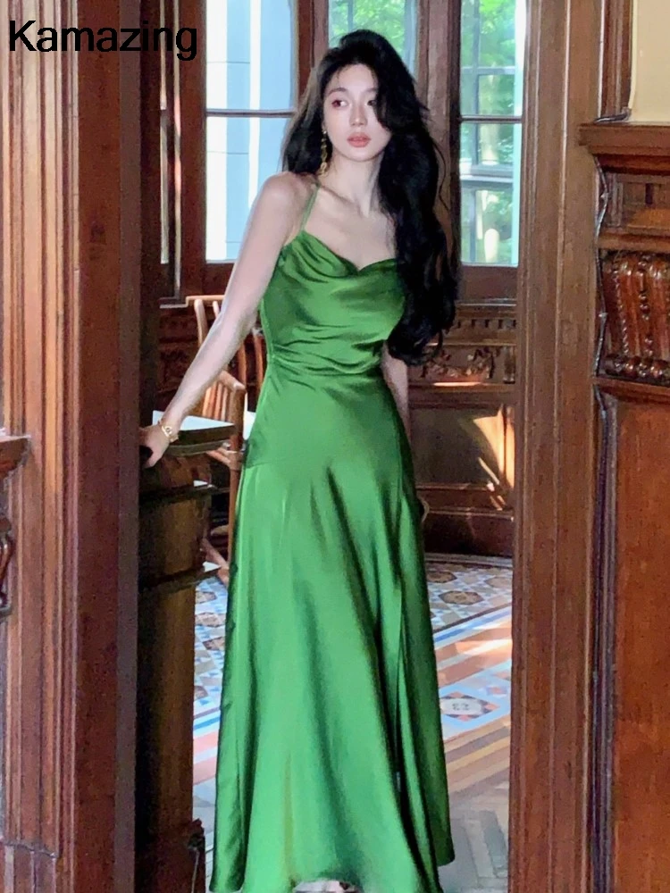 Summer Green Evening Midi Dress Chic Elegant Slim Waist Vestidos Office Lady Korean Y2K Straps Dresses Women Vintage Clothing