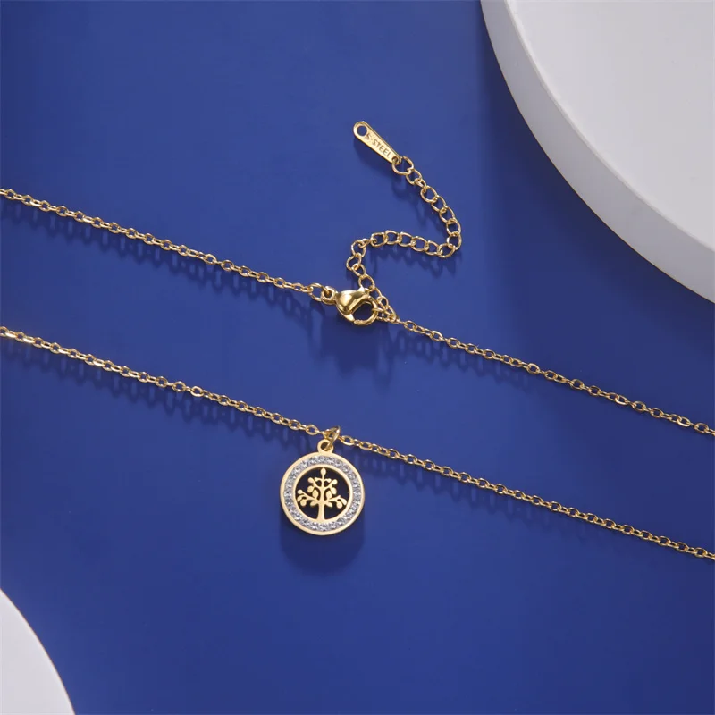 Trendy Edelstahl Strass Baum des Lebens Anhänger Halskette Für Frauen Charme Sommer Schlüsselbein Kette Schmuck Colgantes Cadena – Detail 20