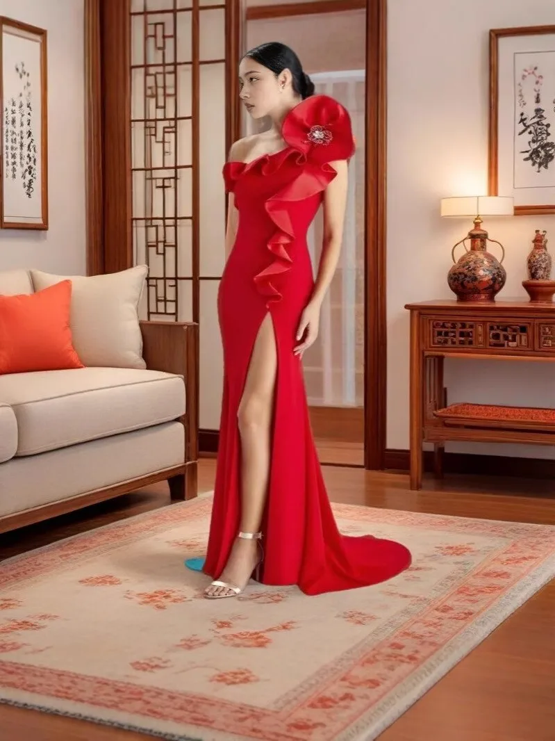 

Ele Slit Svel Gown with Sa Cross-oulder Design for Women Mid-Rise Polyester And Spandex Blend Formal Par Dr