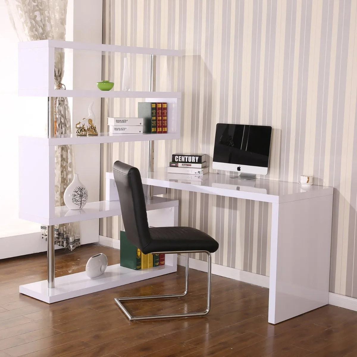 HOMCOM 94" 4 Tier Rotating Versatile L-Shaped Computer Desk Writing Table with Display Shelves and Steel Frame, White