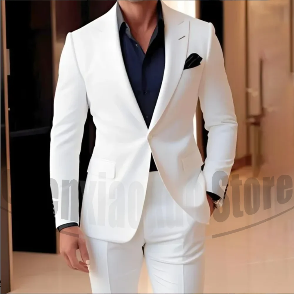 

Men's White 2 Piece Suit Set Blazer with Pants Formal One Button Solid Color Outfit Slim Smart Casual Wedding Party Male Suit