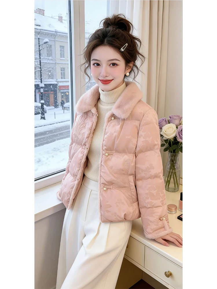 

Thickened Pink Cotton Jacket Women's Fashionable Buttoned Fur Collar Top Winter New Style Chinese National Style Outerwear