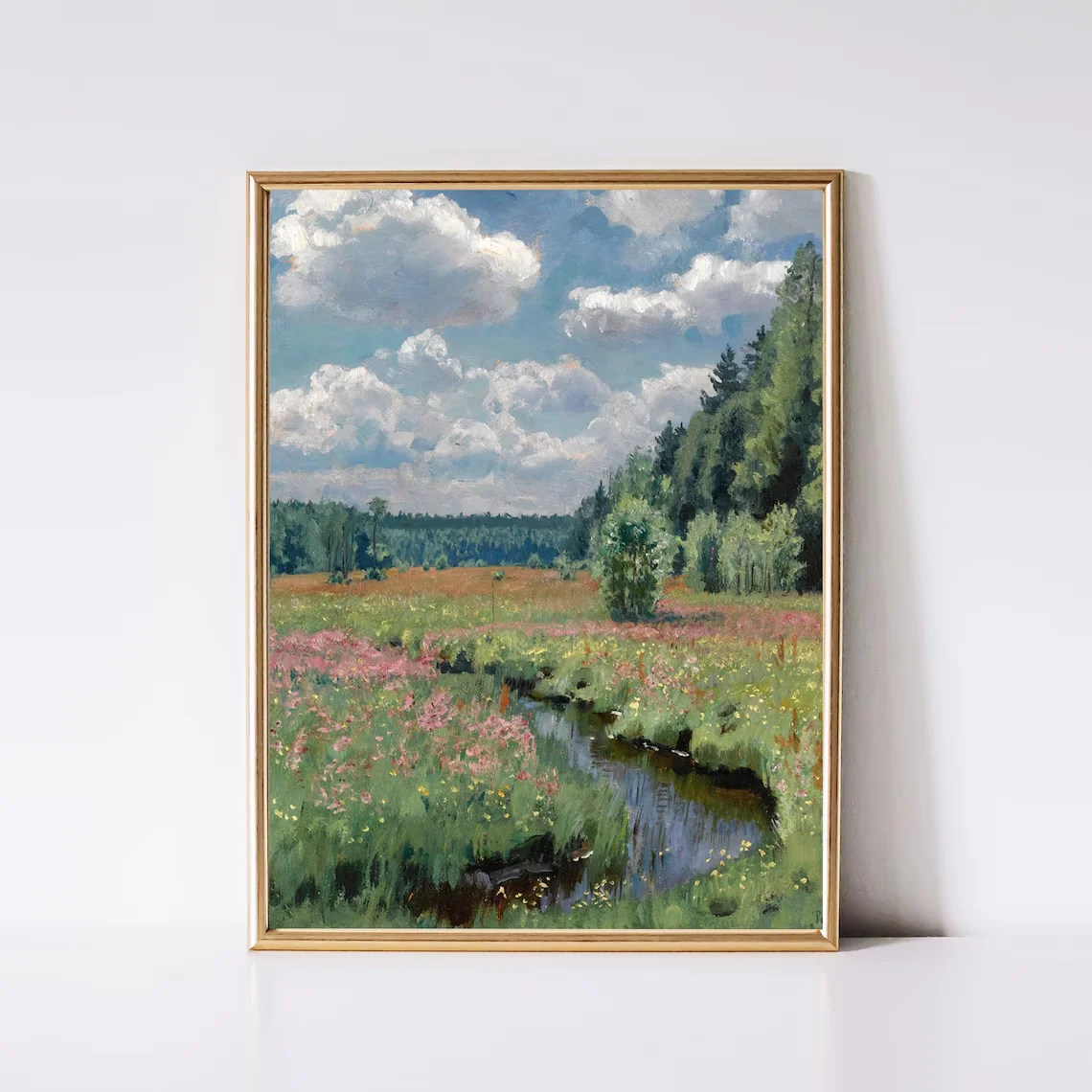 Idyllic Summer Meadow Wall Art - Luminous Impressionist Print of a Flower-Filled Meadow with a Stream, Soft Brushstrokes and Pas