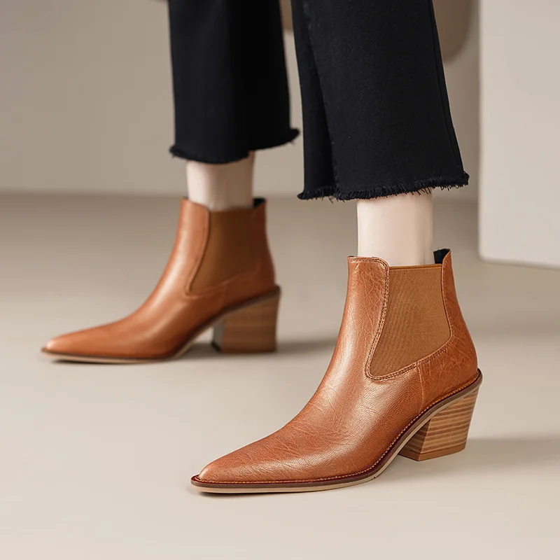 Pointed Toe Spring Autumn Ankle Boots Slip On Chunky Wedge Heel Winter Shoes Woma Retro Style Women Western Boots Chelsea Boots