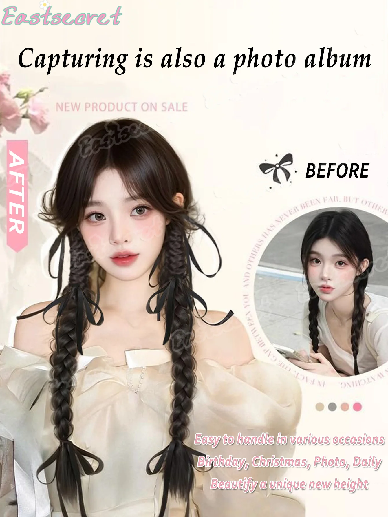 EAST Double ponytail Ribbon Bow Long Twists Braid Fish bone Braid Twisted Braid Wig Ribbon Synthetic Hair Ornament Girl
