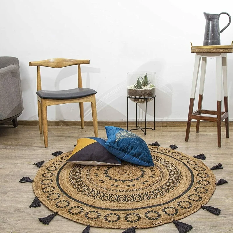 Area Carpet Hand Woven Jute Rug Round Natural Fiber Woven Double Sided Bedroom Living Room