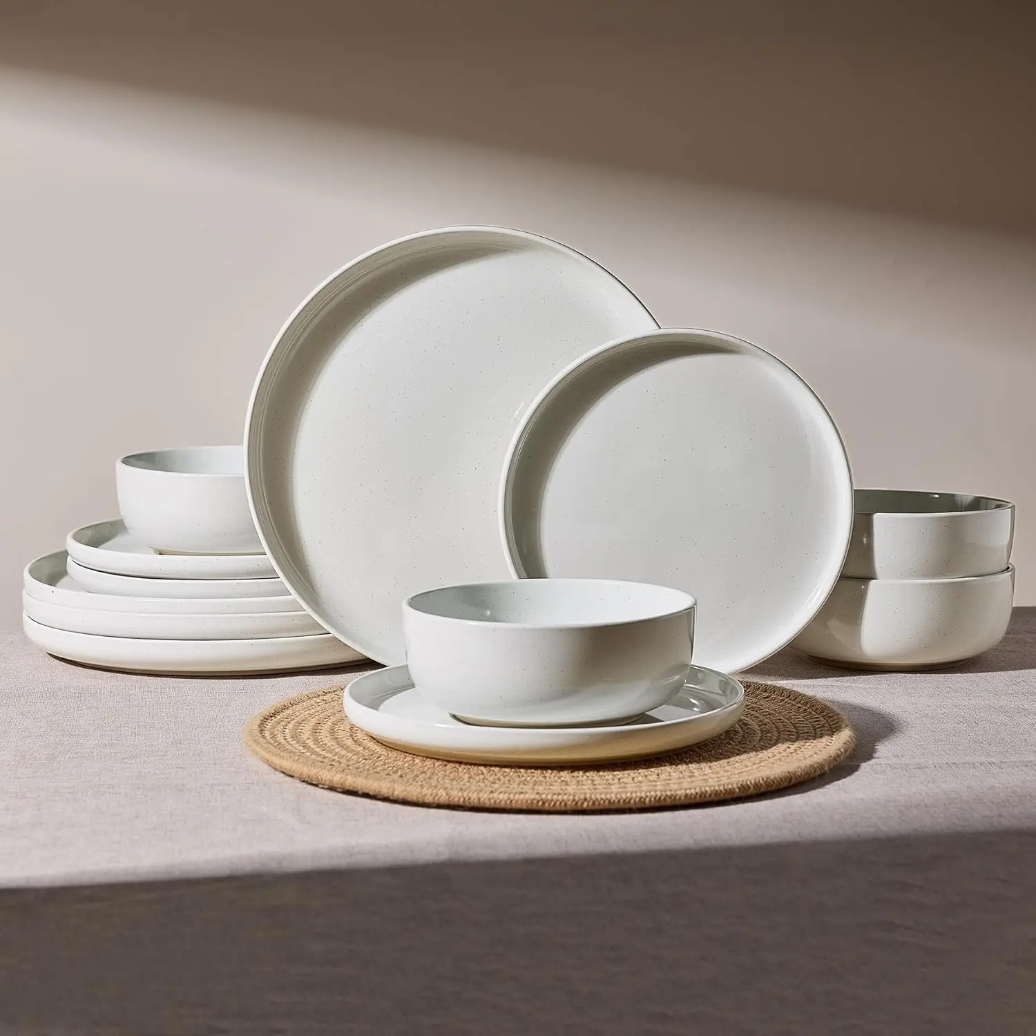 

12-Piece White Dinnerware Set with Speckled Design, Dishwasher & Microwave Safe for Family Meals