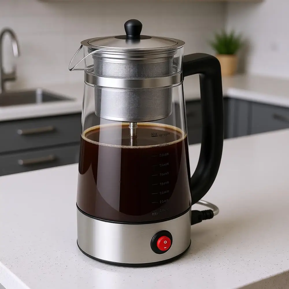 

Electric Coffee Maker, Brews 2–10 Cups, Auto Keep Warm, Stainless Steel Basket, Borosilicate Glass, Easy-Pour Spout, Cool-Touch