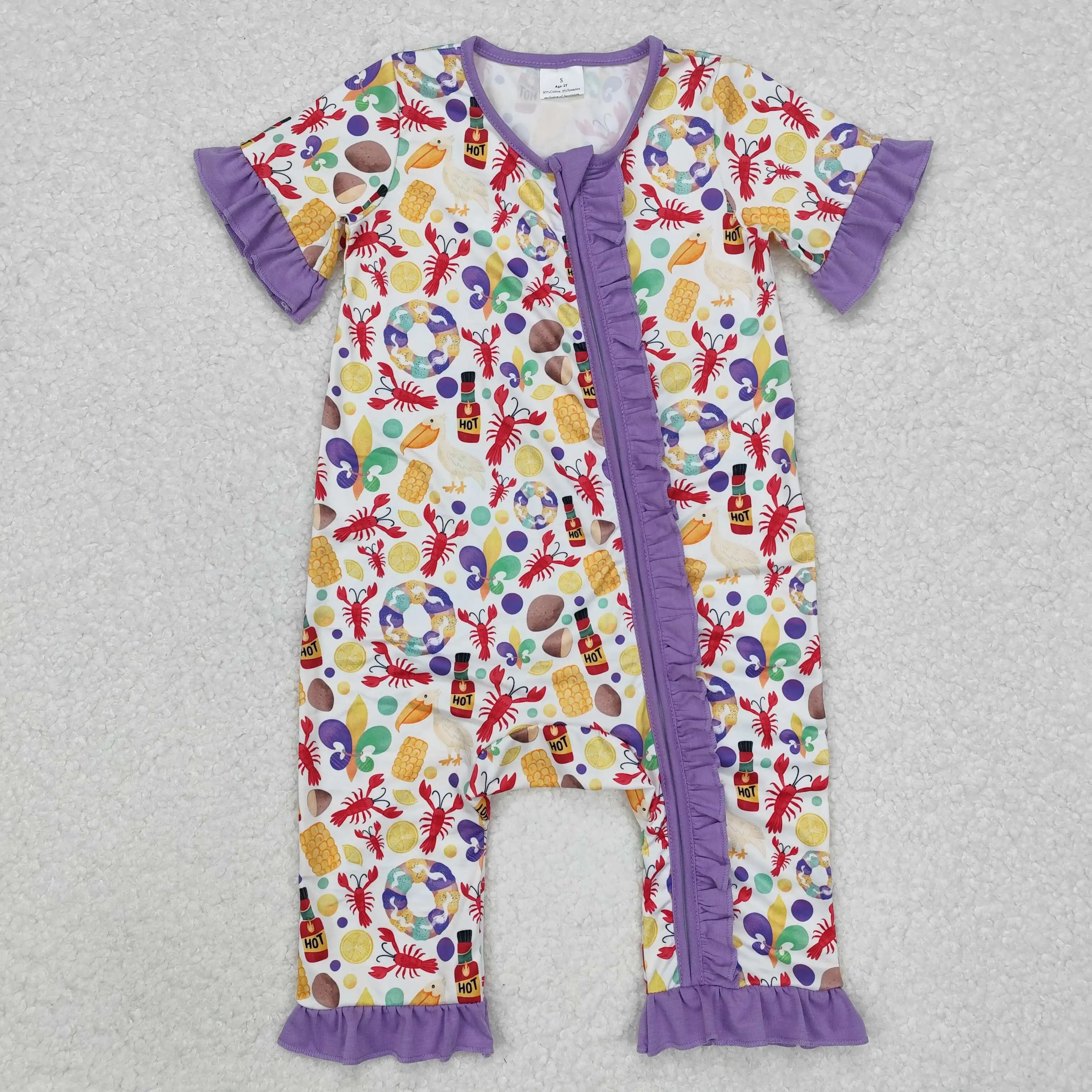 

Anchor Corn Crayfish Print Baby Girls Mardi Gras Sleeper Zipper Romper Wholesale RTS Boutique Infants Factory Price Baby Clothes