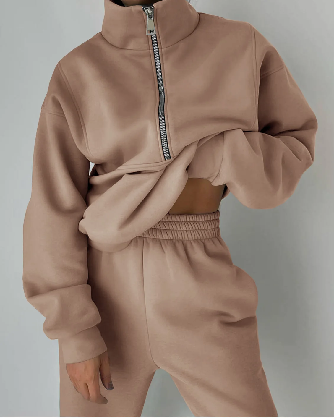 Winter Women Casual Matching Two-Piece Set Zip Up Sweaters Solid Colar Sweatpants Outfits Women Two Pieces Matching Suits