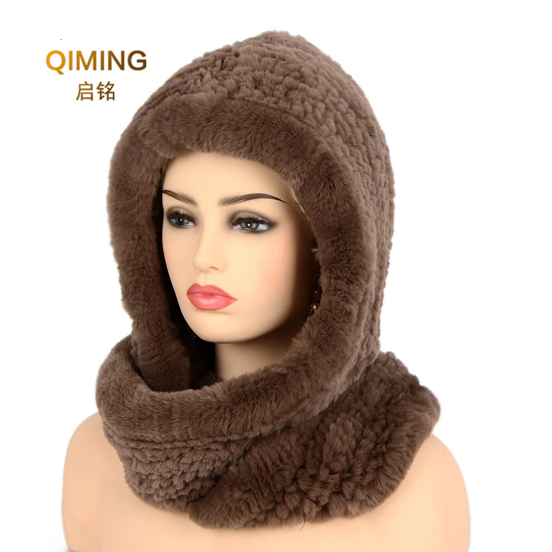 Hat Women New Knitted Real Rex Rabbit Fur Hat Hooded Scarf Winter hats for Woman Cap Warm Natural Fur Hat With Neck Scarves