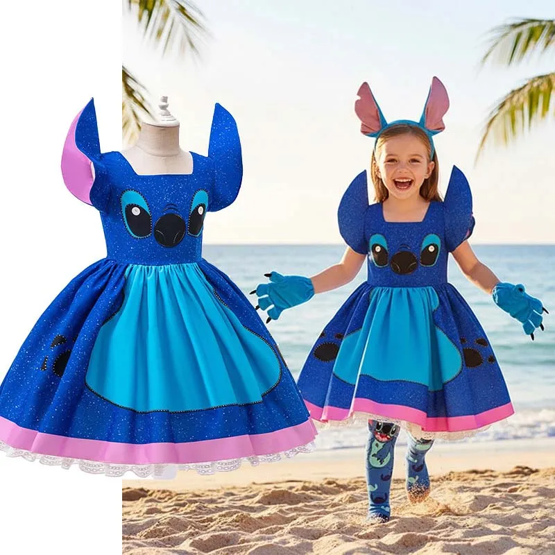 Mädchen Stitch Cosplay Kleid Niedliches Cartoon-Kostüm im Disney-Filmstil für Halloween, Karneval, Bühnenauftritte und Kinderkleidung