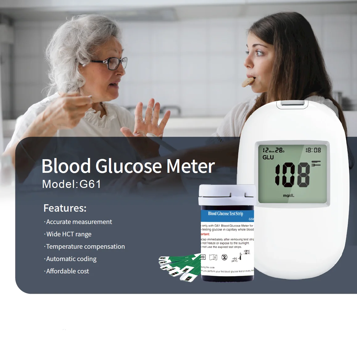 Blood Glucose Meter Accurate Measurement Wide HCT Range Temperature Compensation Automatic Coding Affordable Cost