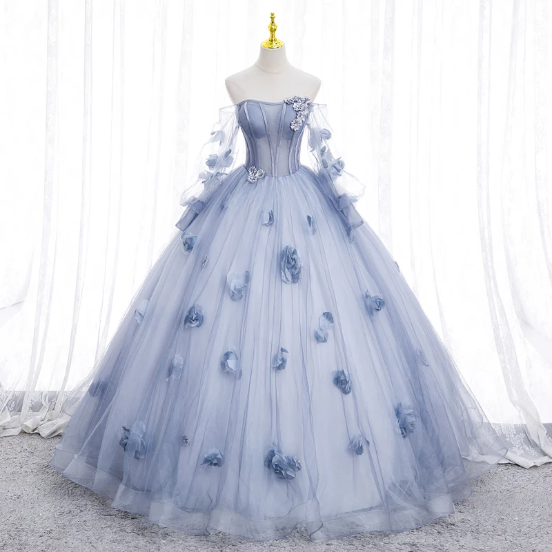 Robe de Quinceanera bleue avec appliques de fleurs en tulle, manches amovibles, robe de Rhsans bretelles, robe de soirée de Rhéducative, 15 ans, nouveau