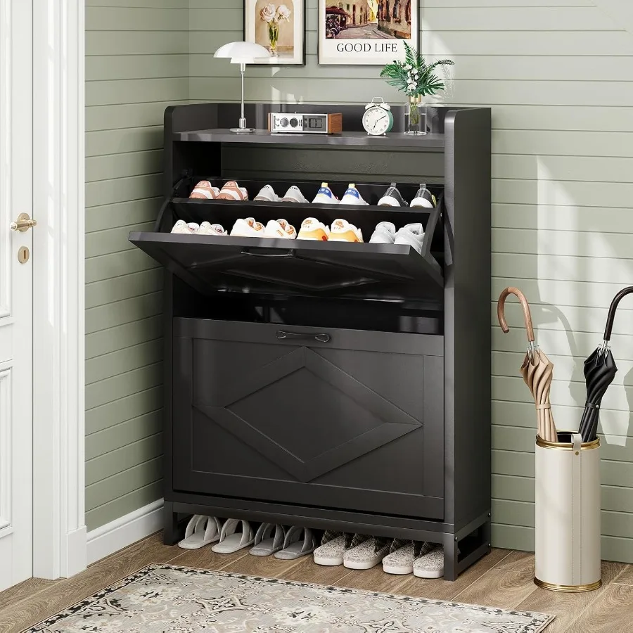 

Шкаф для обуви Шкаф для хранения обуви с 2 откидными ящиками Регулируемая полка Компактный органайзер для обуви вмещает 12 пар узких туфель