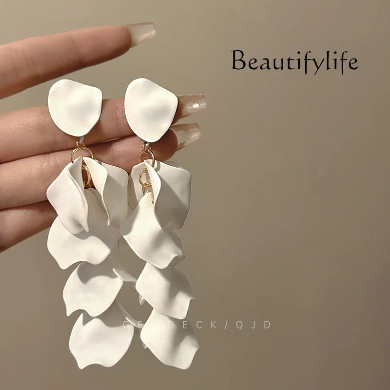 White petal earrings light luxury summer super fairy long tassel high sense exaggerated earrings jewelry