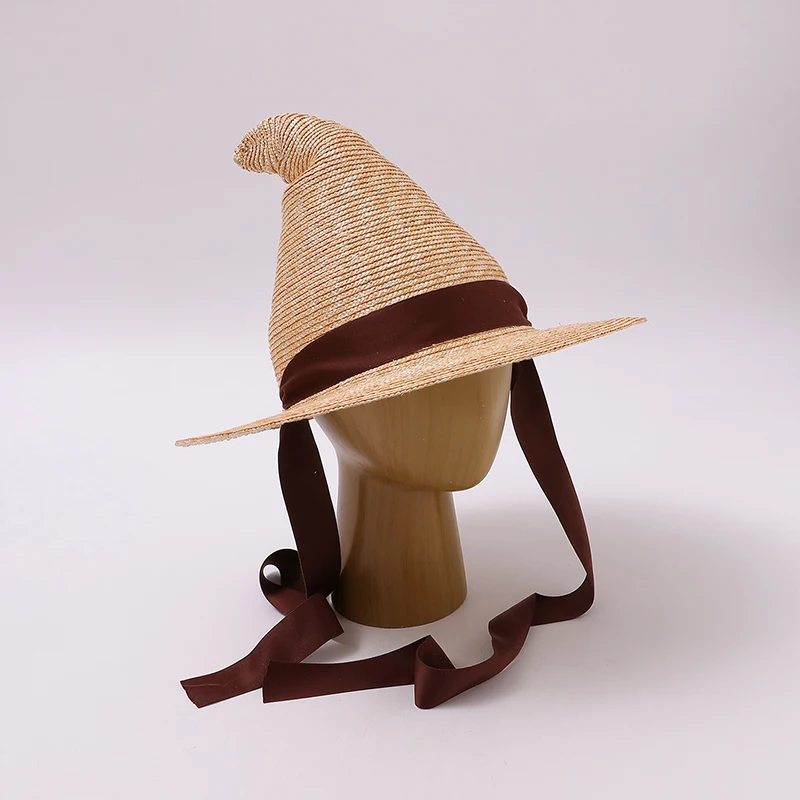 Women Retro Pointed Witch Straw Hat Wide Brim Sun Hat Ribbon Lace-up Wizard Hat Halloween Cosplay Party Costume Beach Travel Cap