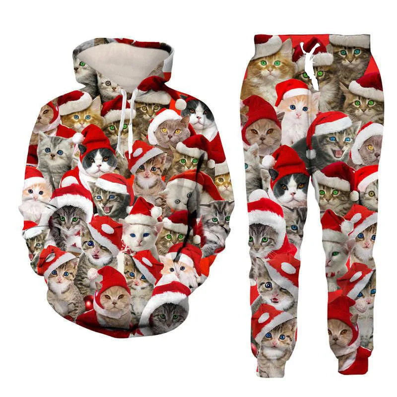 Autumn and Winter Christmas Loose Pullover Set 3D Printed Men\'s Adult Set Street Hip Hop Trend Outdoor Sports Hoodie Set