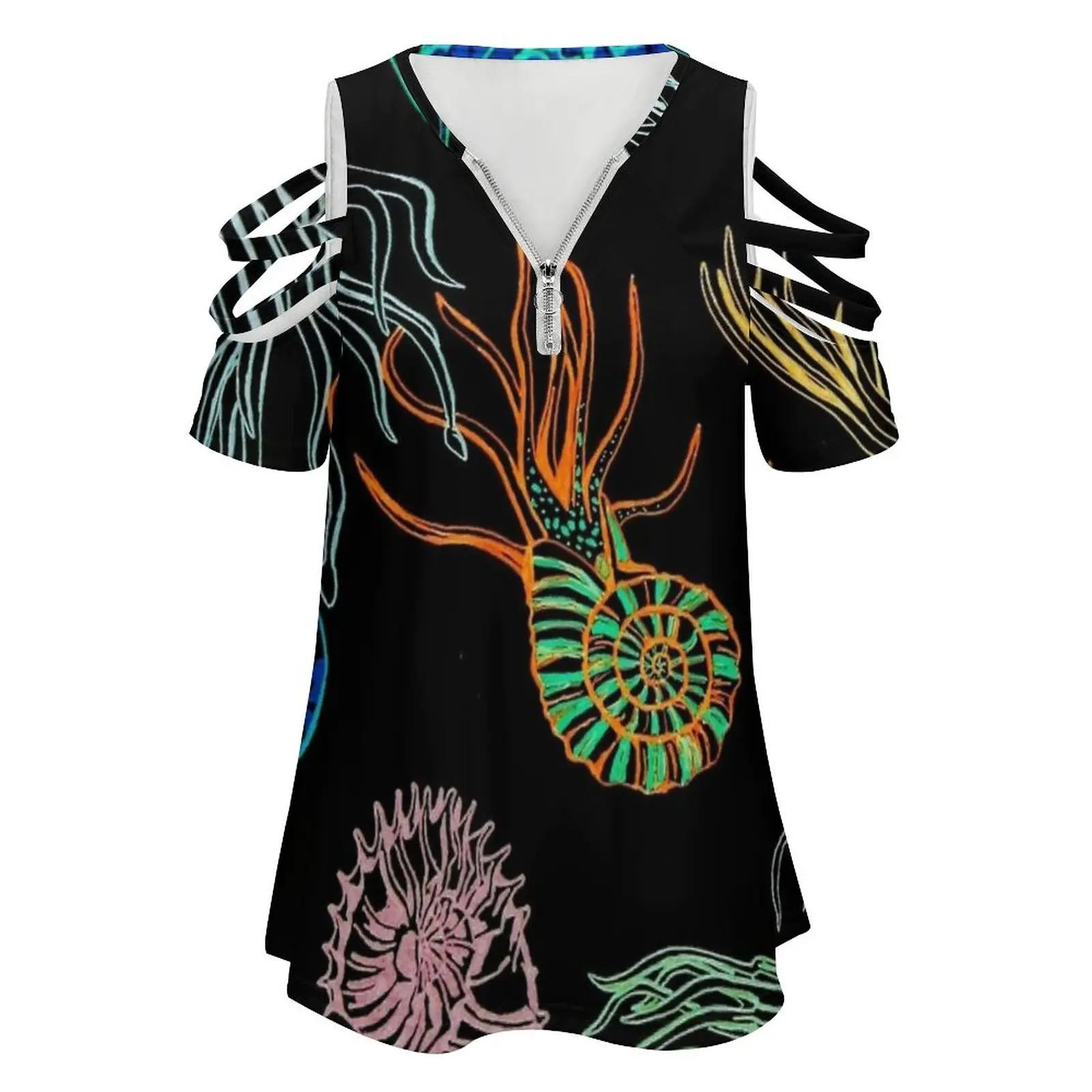 Ammonites-Black New Fashion Zip Off Shoulder Top Short-Sleeve Women Shirt Ammonites Ammonite Cephalopod Cephalopods S Ammonite