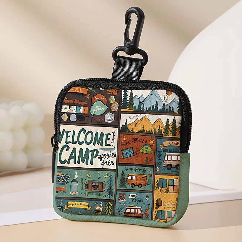 Printed Coin Purse Faux Leather Waterproof Zipper Storage Bag Multifunctional Mini Earphone Pouch Organizer for Daily Essentials