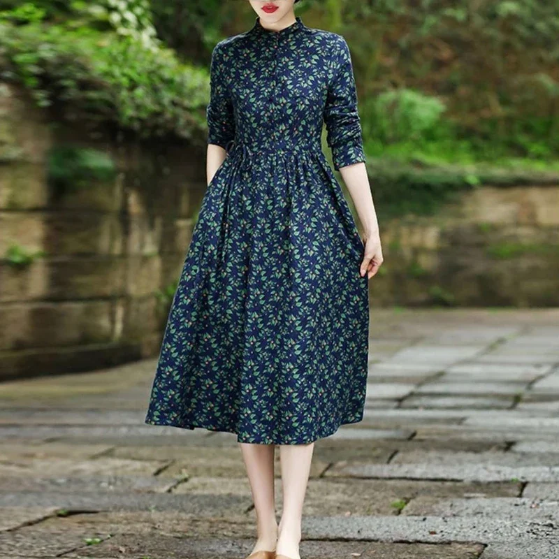 女性のヴィンテージ花柄レースアップエレガントなパーティードレス秋のファッションハイウエストスリムコットンミディドレス長袖 Vestidos