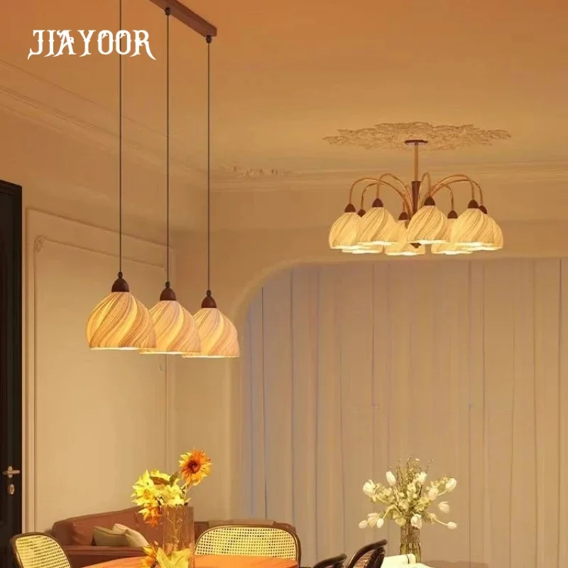 تنورة منتفخة فرنسية كلاسيكية من خشب الجوز الصلب كريمي قلادة ضوء غرفة المعيشة قاعة الضوء الرئيسي لحماية العين على الطراز العتيق الراقية #4