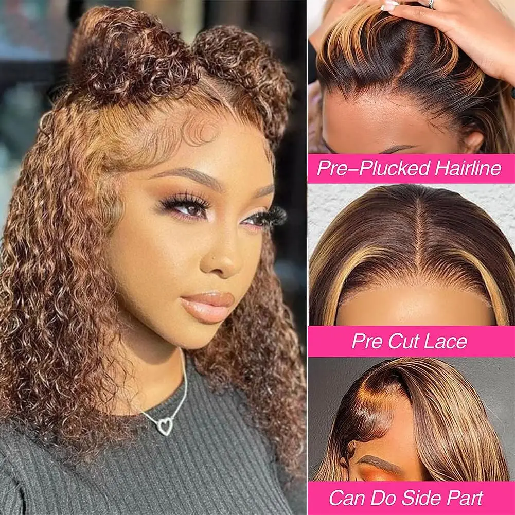 4/27 Blonde Highlight Ombre Deep Curly Glueless Bob Wig Pre Cut HD Lace Wear And Go 4x4 13x4 Lace Front Bob Wigs For Black Women