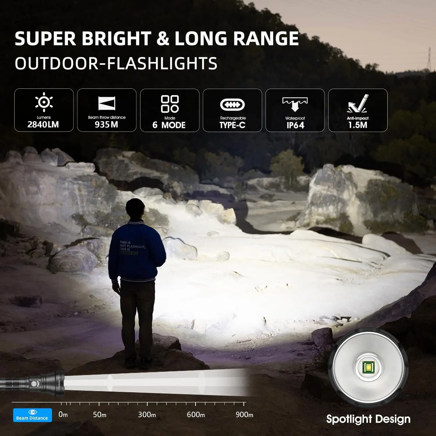 YEMA0 98KPro 2840LM مصباح LED عالي الطاقة قابل لإعادة الشحن مع شاشة عرض ذكية محمولة مقاومة للماء طويلة المدى