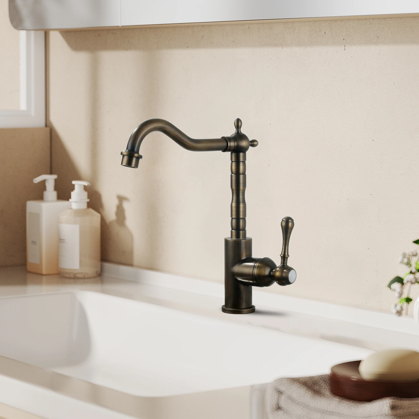 

Antique One Hole Kitchen Sink Faucet Single Handle Hot and Cold Mixer Taps Deck Mounted Rotatable 360° Kitchen Faucets