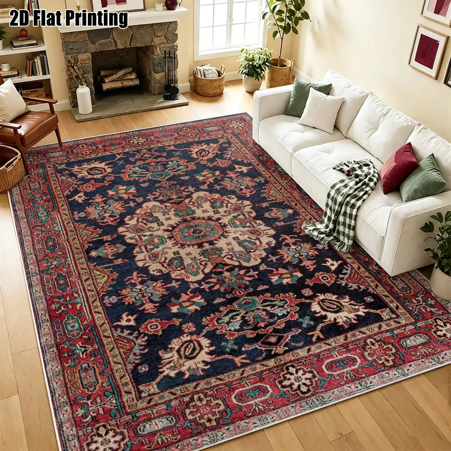 1Pc 2D Printed Velvet Carpet, Dark Blue Retro Floral, European/Vintage/Bohemian Style, Home Decor, Multi-Size, Machine Washable, for Entrance/Dining Room/Bedroom/Living Room