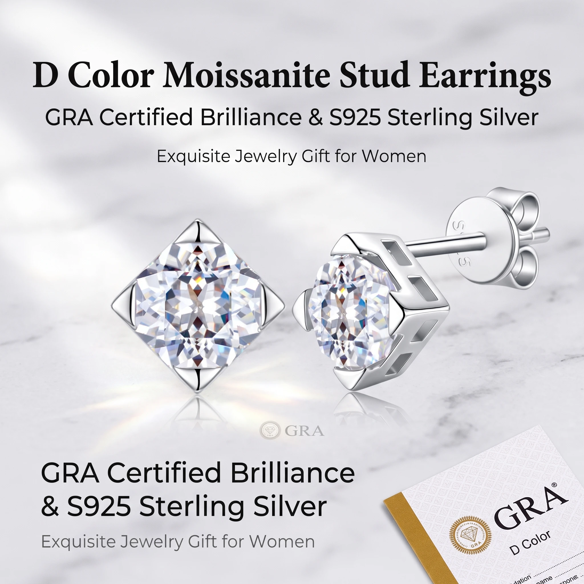 GRA Certified D Color Square Moissanite Stud Earrings S925 Sterling Silver Classic Fine Jewelry Gift for Women