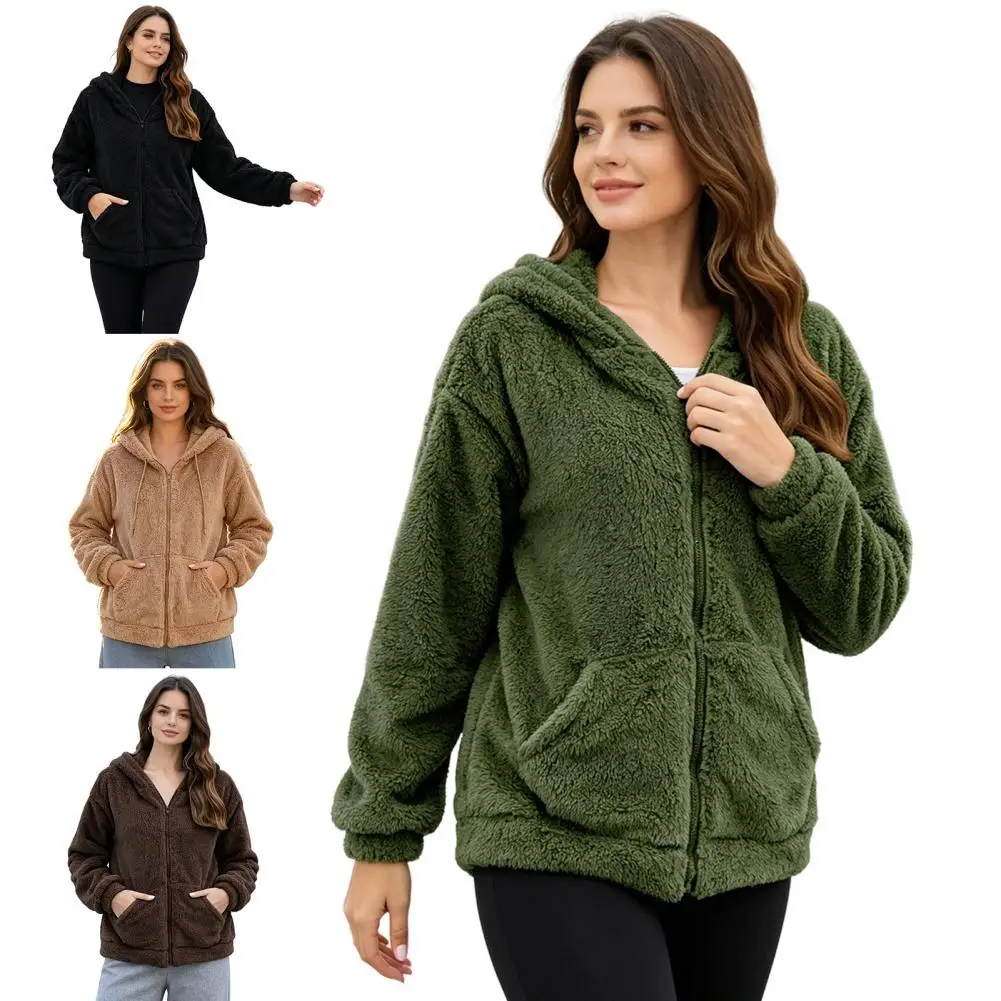 Women Hooded Coat Chic Fleece Solid Color Pockets Long Sleeves Loose Warm Plush Zipper Cardigan Outdoor Autumn Winter New