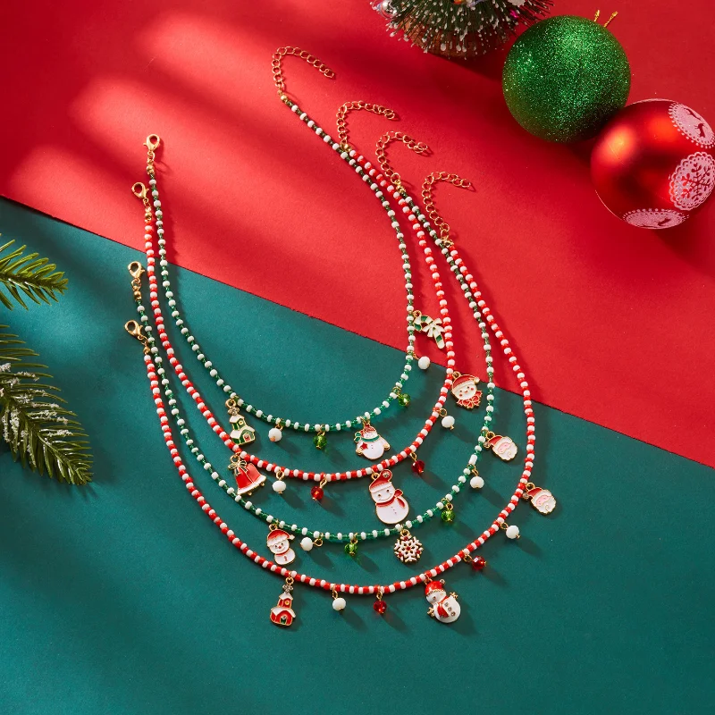 New Christmas Ornaments Colored Rice Bead Necklace Santa Claus Bell Snowhouse Snowflake Alloy Pendant Bracelet Necklace Jewelry
