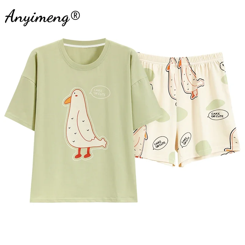 M-4XL 100% Pure Cotton Pajamas for Women Summer Cartoon Print Sleepwear Plus Size Girl Pijamas Short Sleeve Woman Loungewear