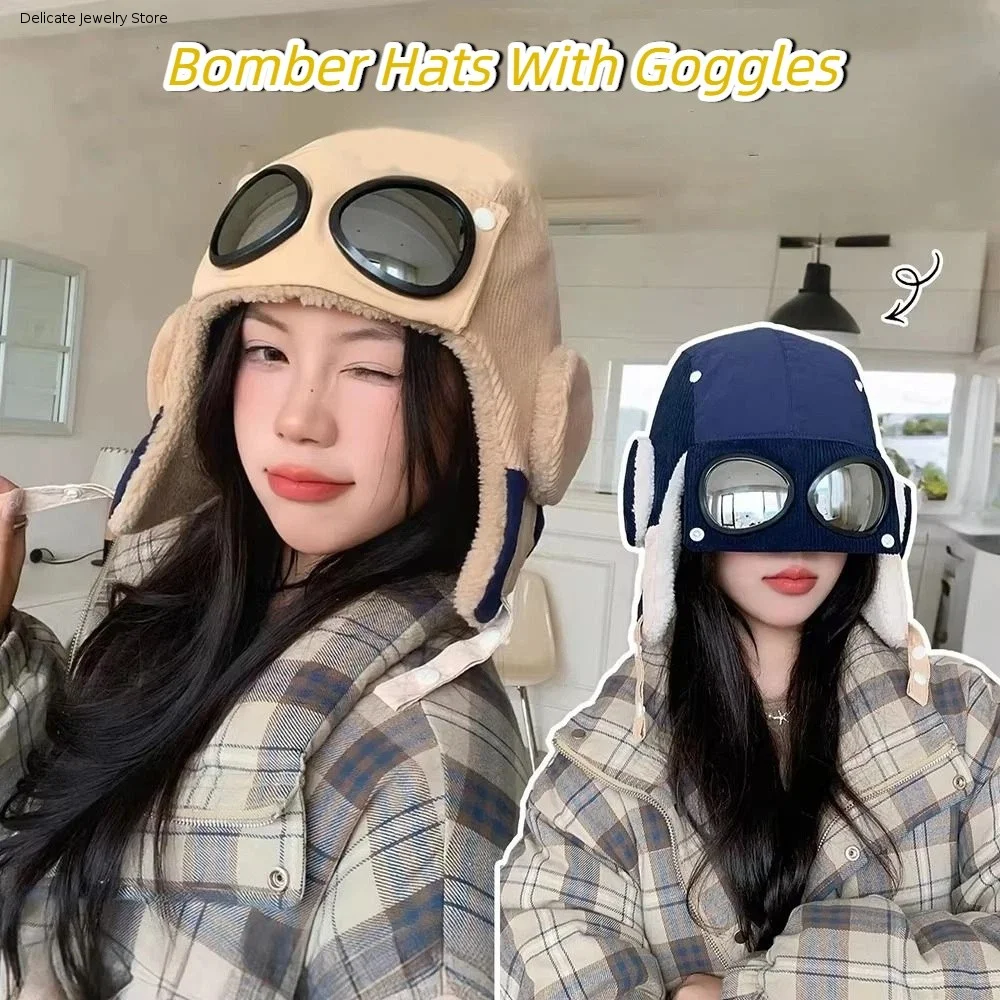 Windproof Winter Pilot Hat With Goggles Anti Fog Beanie Cycling Lei Feng Hat Ear Protection Velvet Plush Hat Outdoor