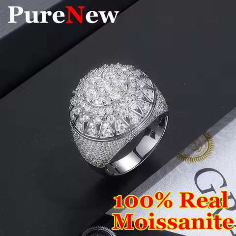 Hip Pop Luxury Round Unisex Moissanite Finger Ring 925 Sterling Silver Jewelry D Color Full Moissanite Diamond Rings For Men