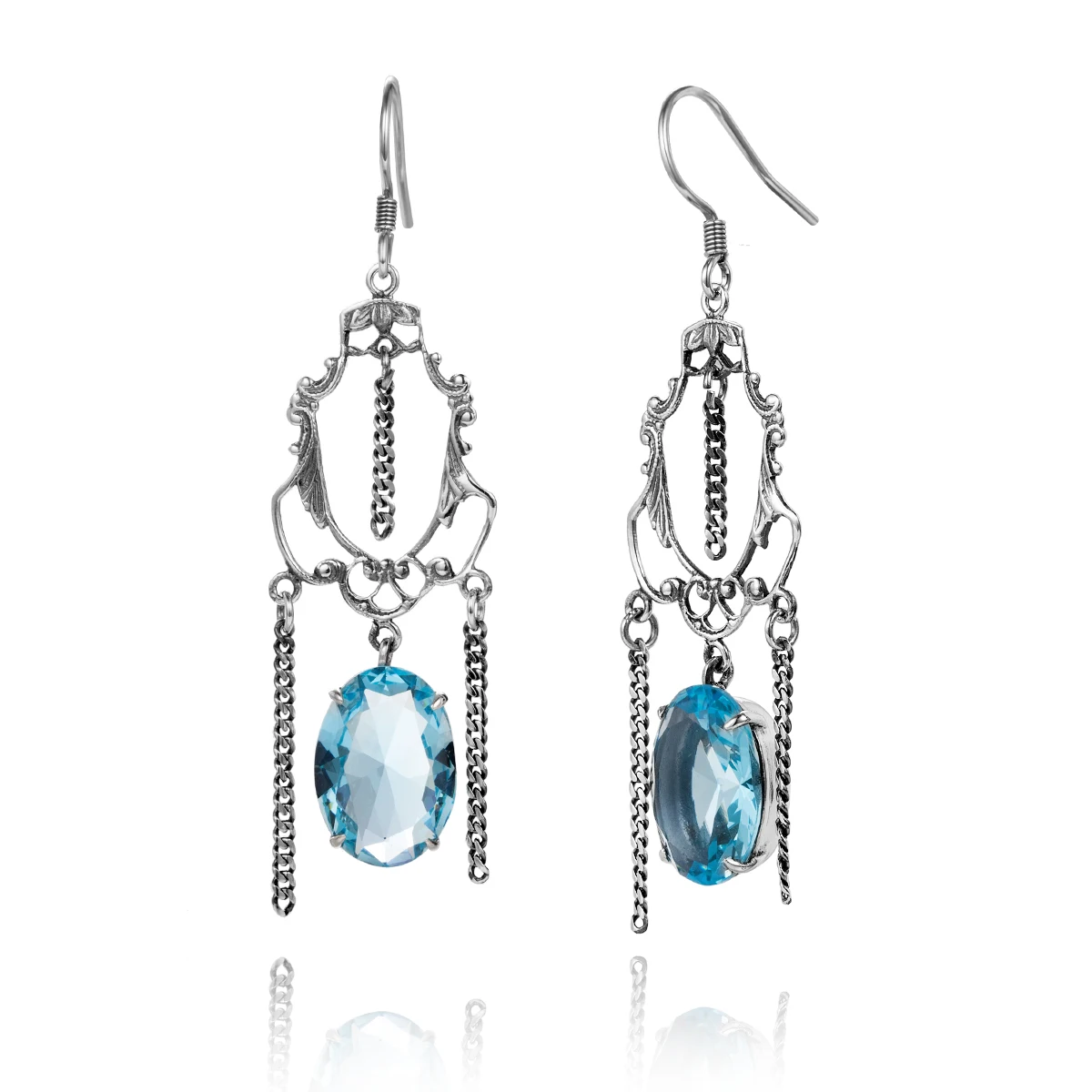 

Vintage Blue Topaz Crystal Drop Earrings 925 Sterling Silver Gothic Chain Tassel Women Antique Filigree Jewelry Party Gifts