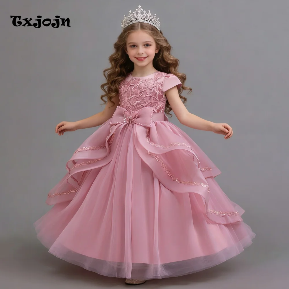 Girl's Dress 3-14 Years Old Girl's Bow Cap Sleeve Princess Dress Long Mesh Dress Wedding Dress Flower Girl Performance Dress