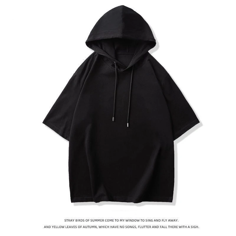 Summer Men Drawstring Hooded Short Sleeve Sweatshirts Thin Teenager Fashion Simple All-match 2xl Oversized Clothing Black White