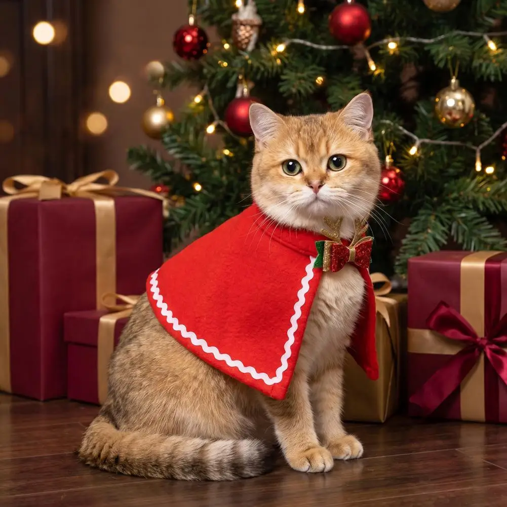 Pet Christmas Cape with Bow, Red Cloak for Small Medium Dogs & Cats, Holiday Pet Outfit Festive Costume Apparel for Pets