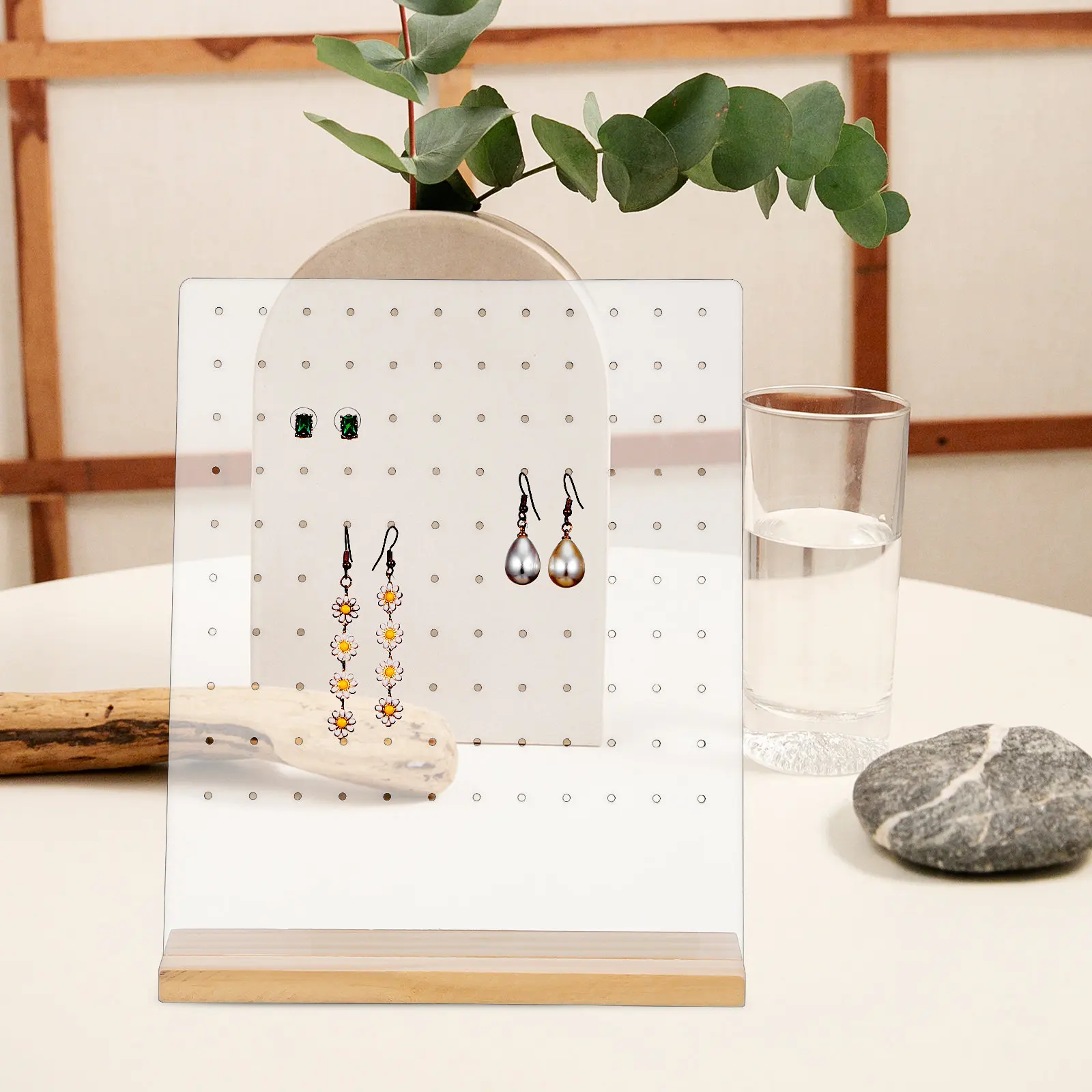 

Detachable Wood Base Clear Acrylic Earring Display Stand with Multiple Holes for Studs Hoops Dangles Jewelry Organizer Home